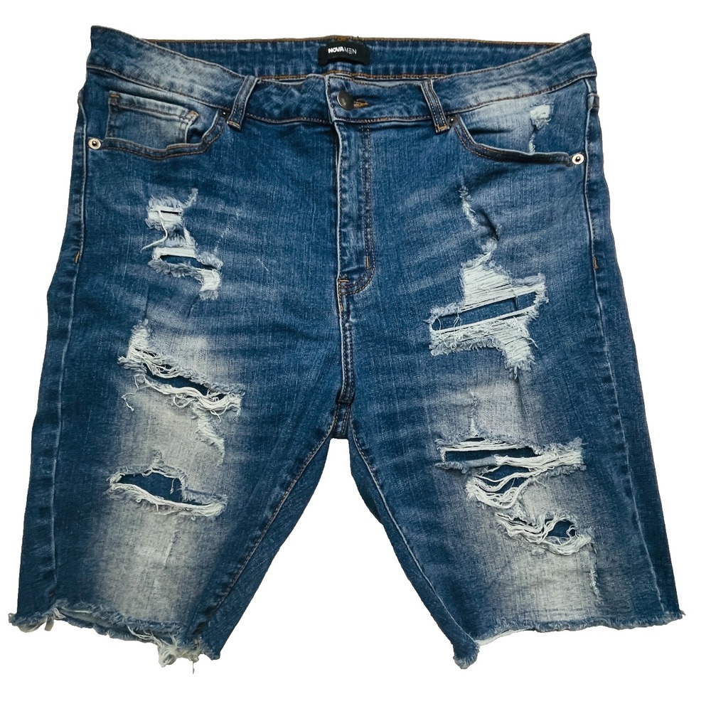 Fashion Nova Mens Denim Shorts Size 36 Blue Distressed Ripped Raw Hem Streetwear
